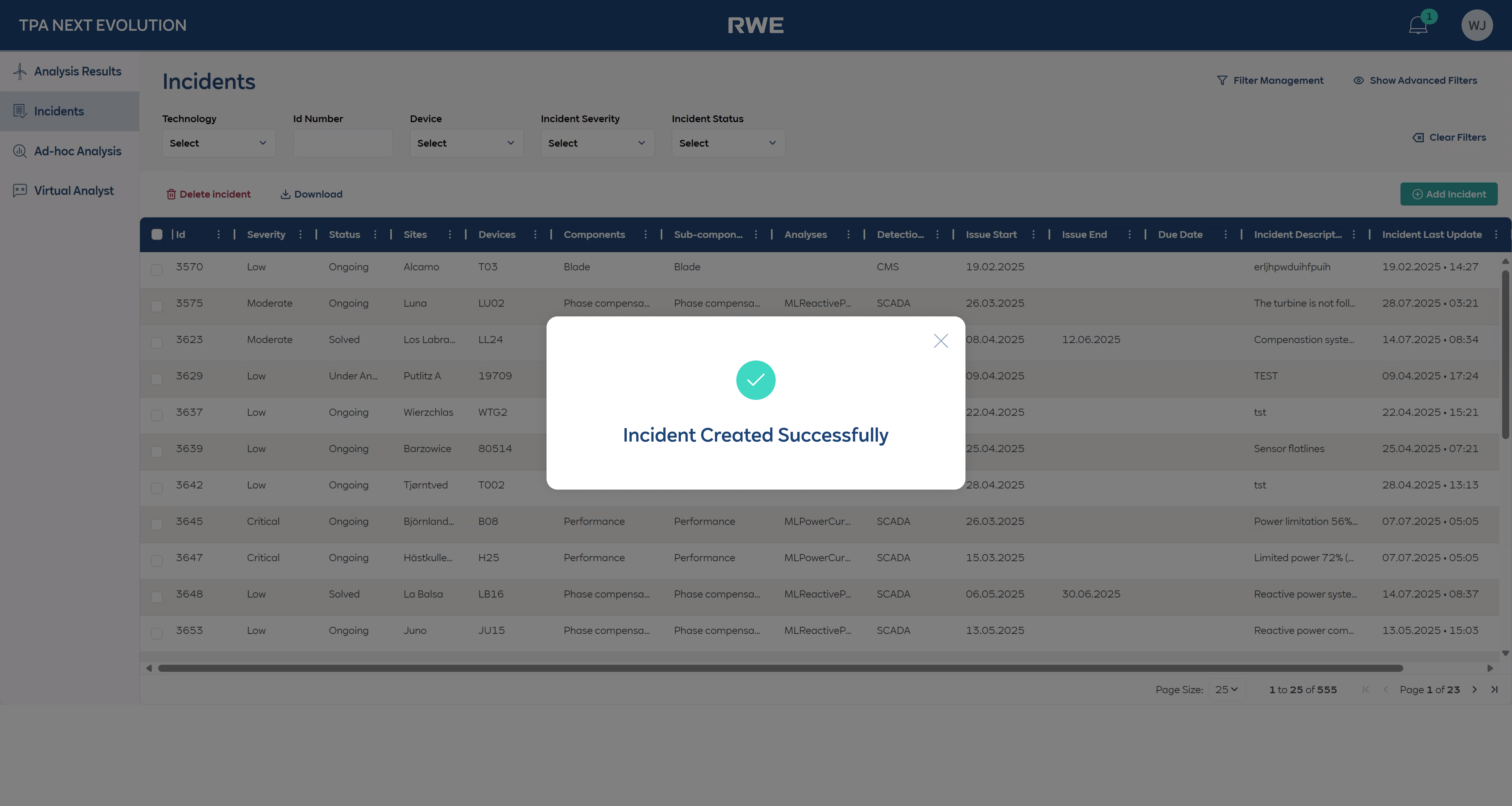 Success — Incident Created Successfully confirmation modal
